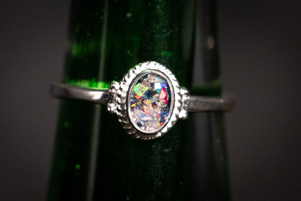 Photo of Braided Oval Opal Cremation Ring, in black and dust blue.  Sterling Silver Ring for Ash, Sterling Silver Jewelry for Ash, Remembrance Ring, Remembrance Jewelry, Ring for Cremation Ash
